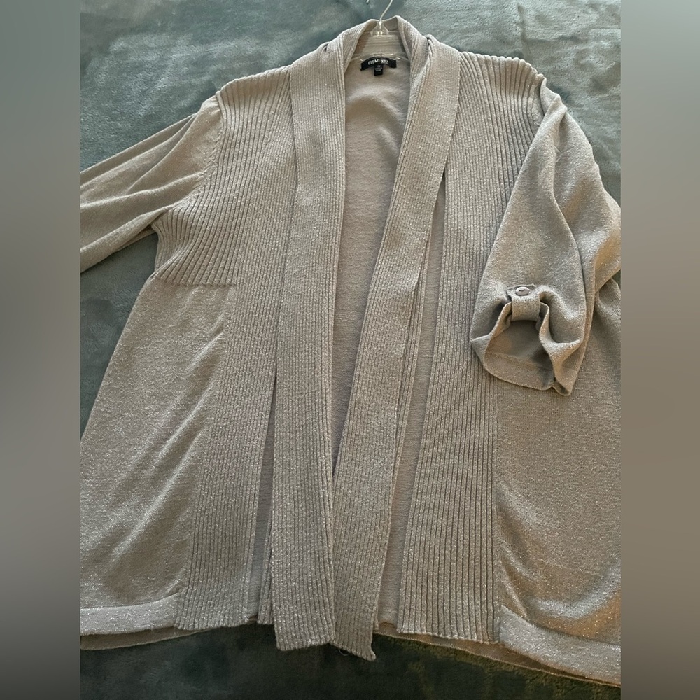 EUC silver/metallic threads shawl front cardigan
